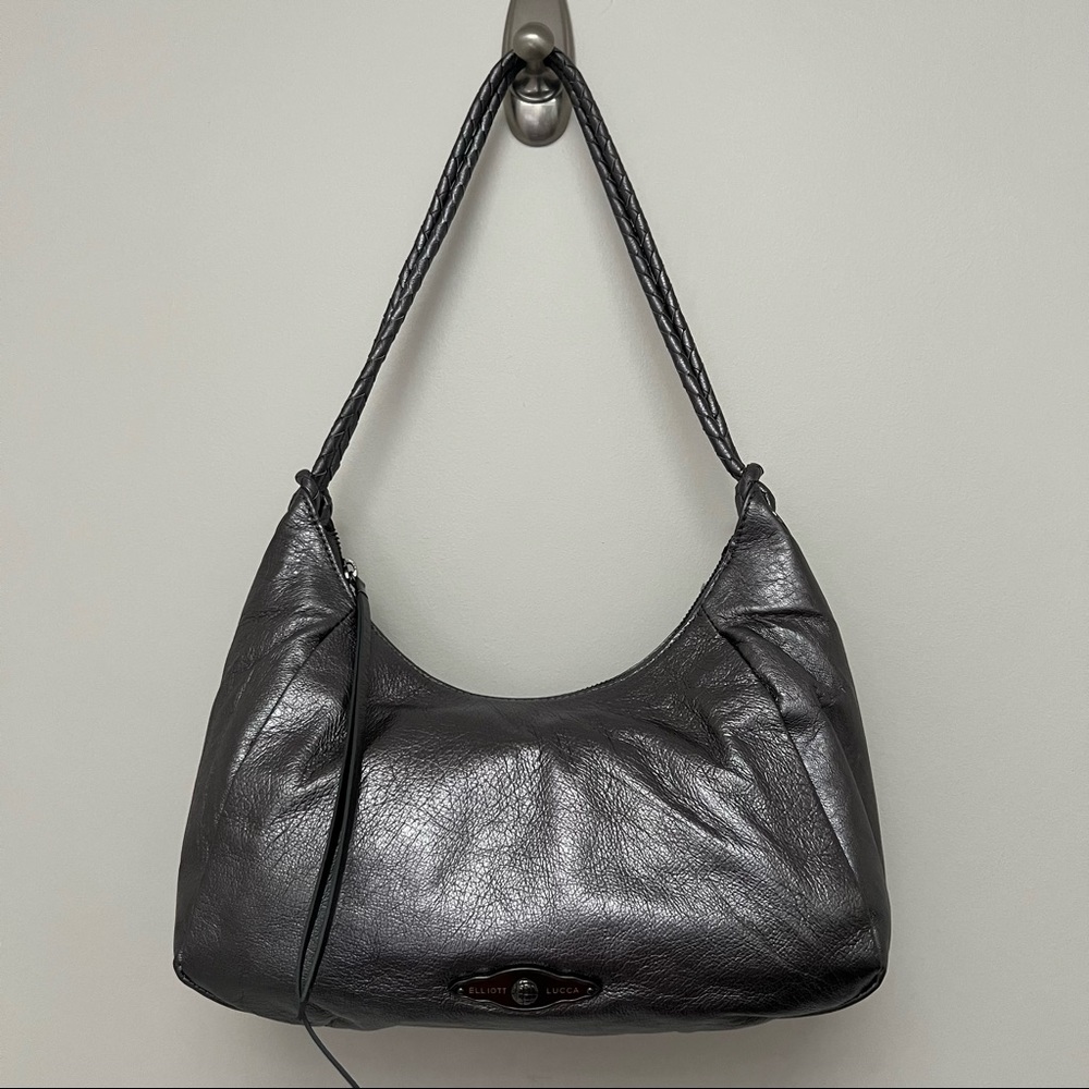 Elliot Lucca Metallic Leather Hobo Bag Pewter braided straps